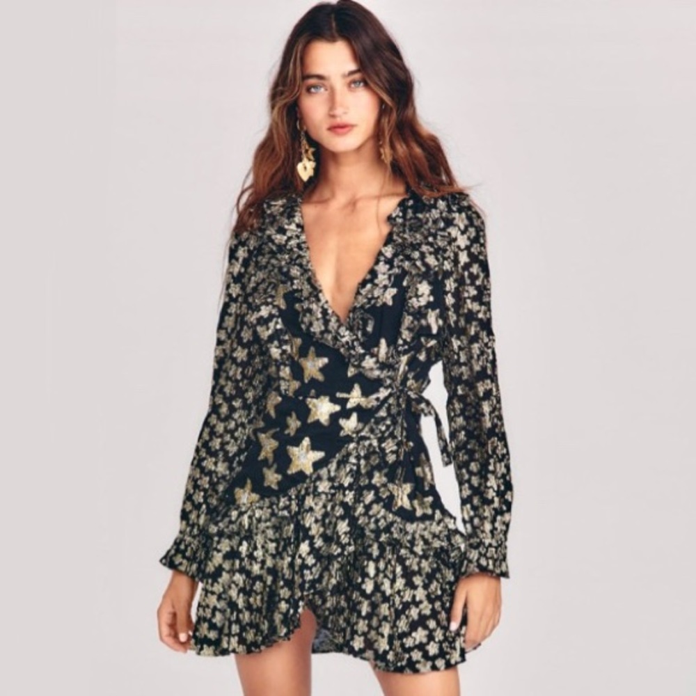 LoveShackFancy Findlay Metallic Star Mini Wrap Dress NWT
